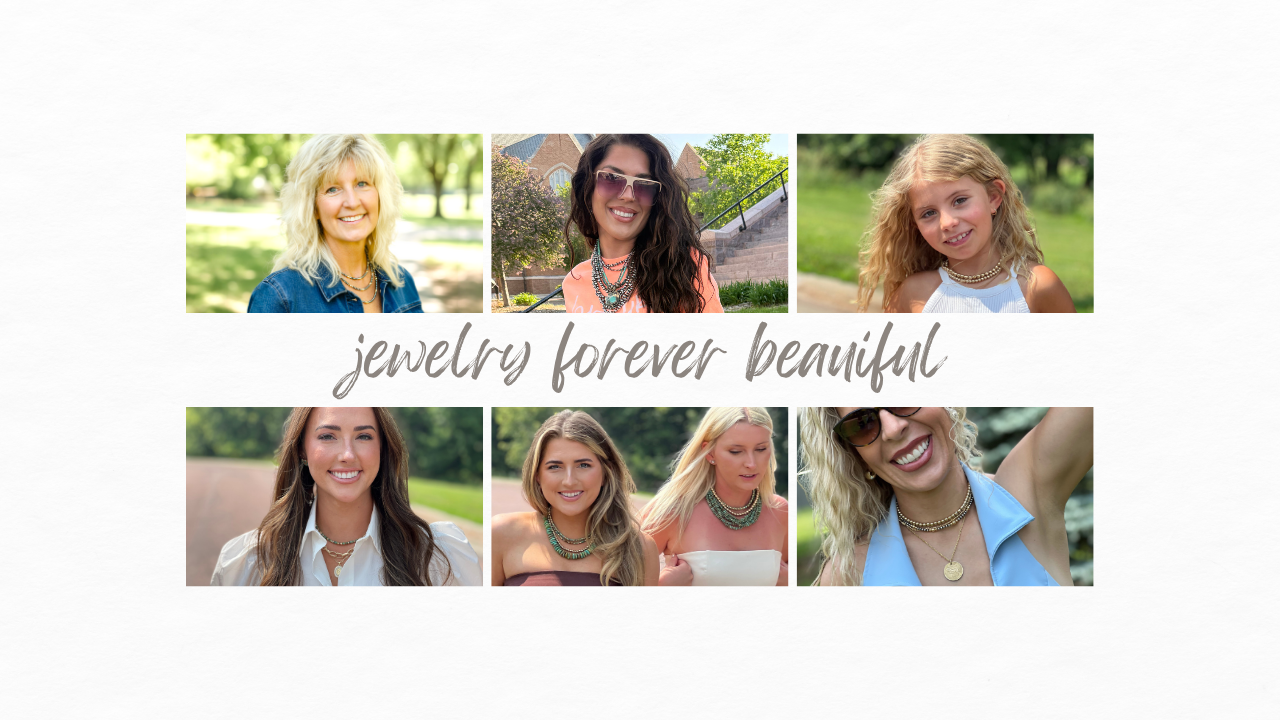 Collage of women wearing jewelry with 'Jewelry Forever Beautiful' text overlay.
