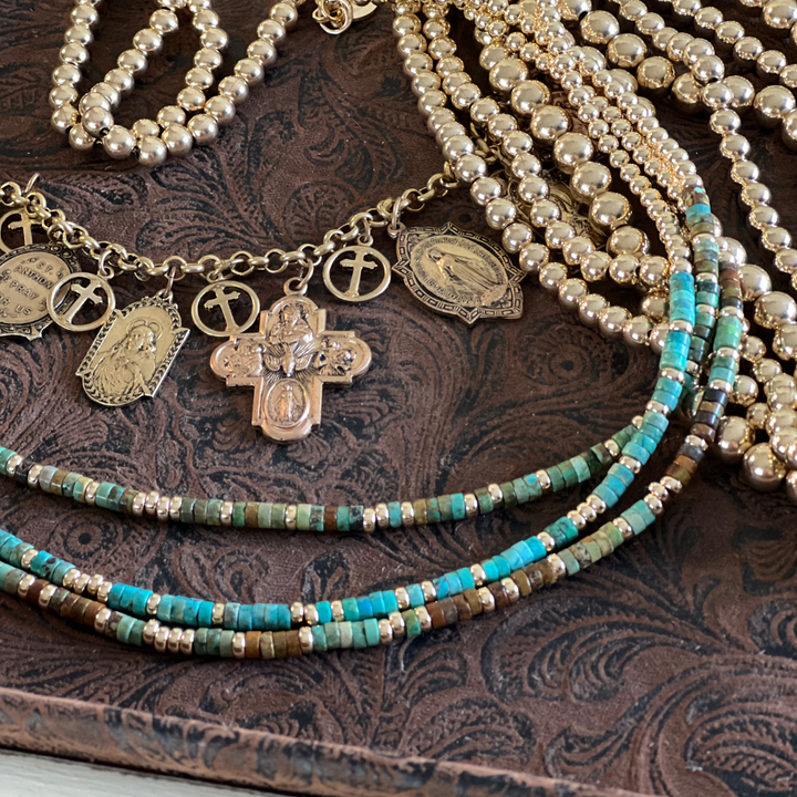 Stack #5 - Kingman Turquoise and 14k Gold Necklaces with Horse Coin